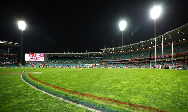 AFL 2017 Round 18 - Sydney v St Kilda SYDNEY, AUSTRALIA - JULY 22: The 50m arc is seen painted in rainbow colours for the Pride Game supporting diversity during the round 18 AFL match between the Sydney Swans and the St Kilda Saints at Sydney Cricket Ground on July 22, 2017 in Sydney, Australia. (Photo by Cameron Spencer/AFL Media)